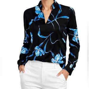 MARDI MODES Womens Long Sleeve Blouse Size 10 Blue Black Floral Lightweight